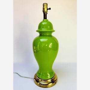 Vintage Chartreuse Green Glass Table Lamp Hollywood Regency MCM 22”